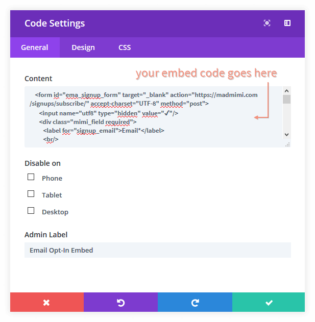 newsletter embed opt-in code placed in Divi's code module