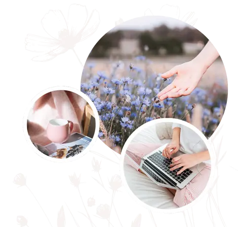image collage of calm and quiet scenes of nature, a cup, and female hands with a laptop